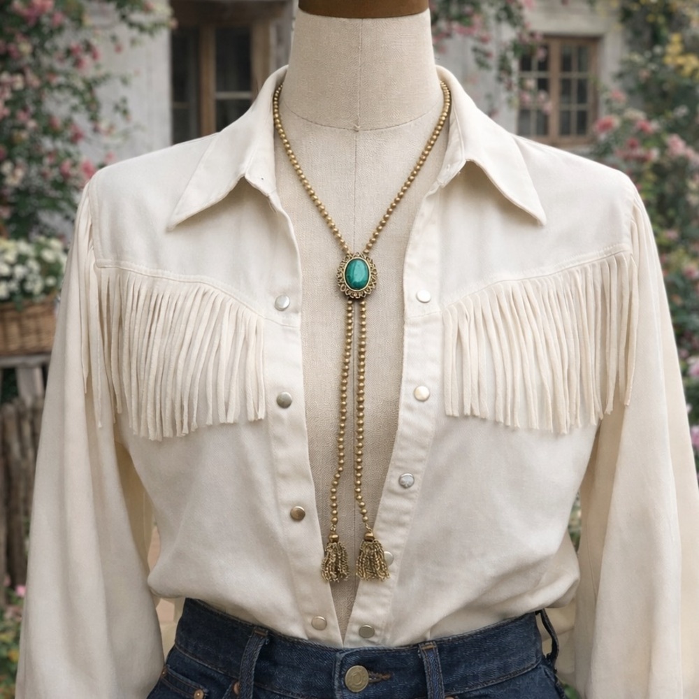 Vintage 1973 Avon Gold Tone & Green cabochon Beaded Bolo Tie necklace